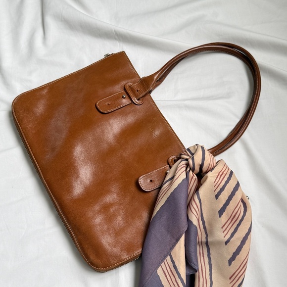Super cute Brown Genuine Leather Tote Bag with scarf accent - Picture 5 of 13